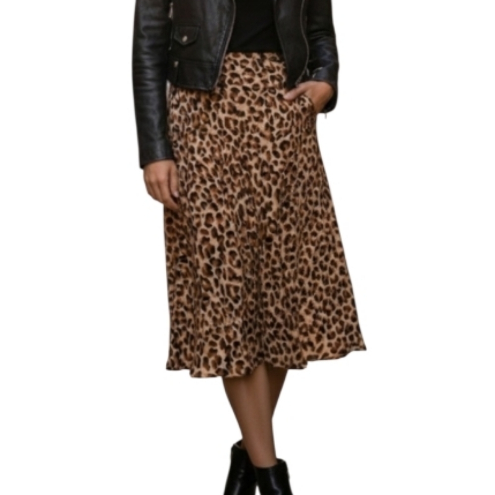 Vtg Nine & Co Leopard Cheetah Print A-Line Midi Skirt Sz 8